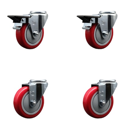 Service Caster 4'' Red Poly Wheel Swivel Bolt Hole Caster Set with 2 Posi Lock Brakes, 4PK SCC-BH20S414-PPUB-RED-PLB-2-S-2